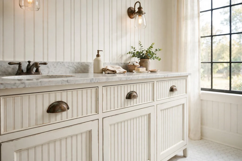 Aged bronze cup pulls on a farmhouse bathroom vanity with beadboard paneling