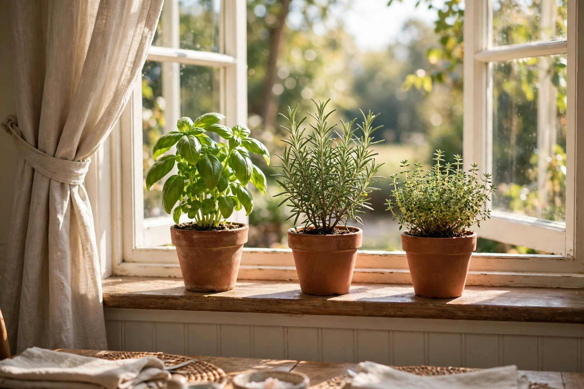 Row of small potted basil, rosemary, and thyme herbs on a sunny dining room windowsill
