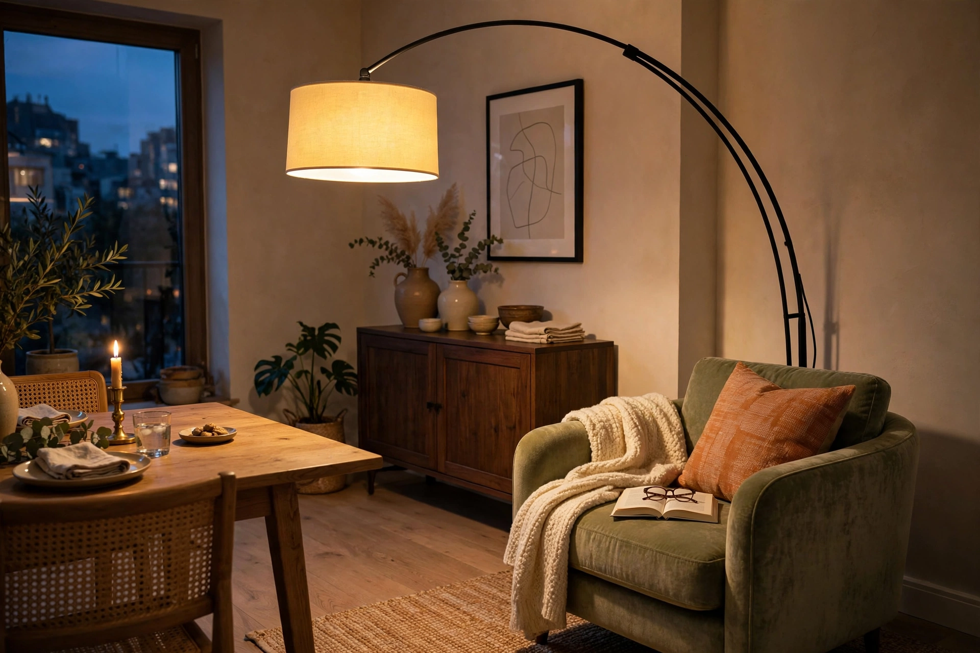 Arc floor lamp casting warm light over a dining room corner reading chair
