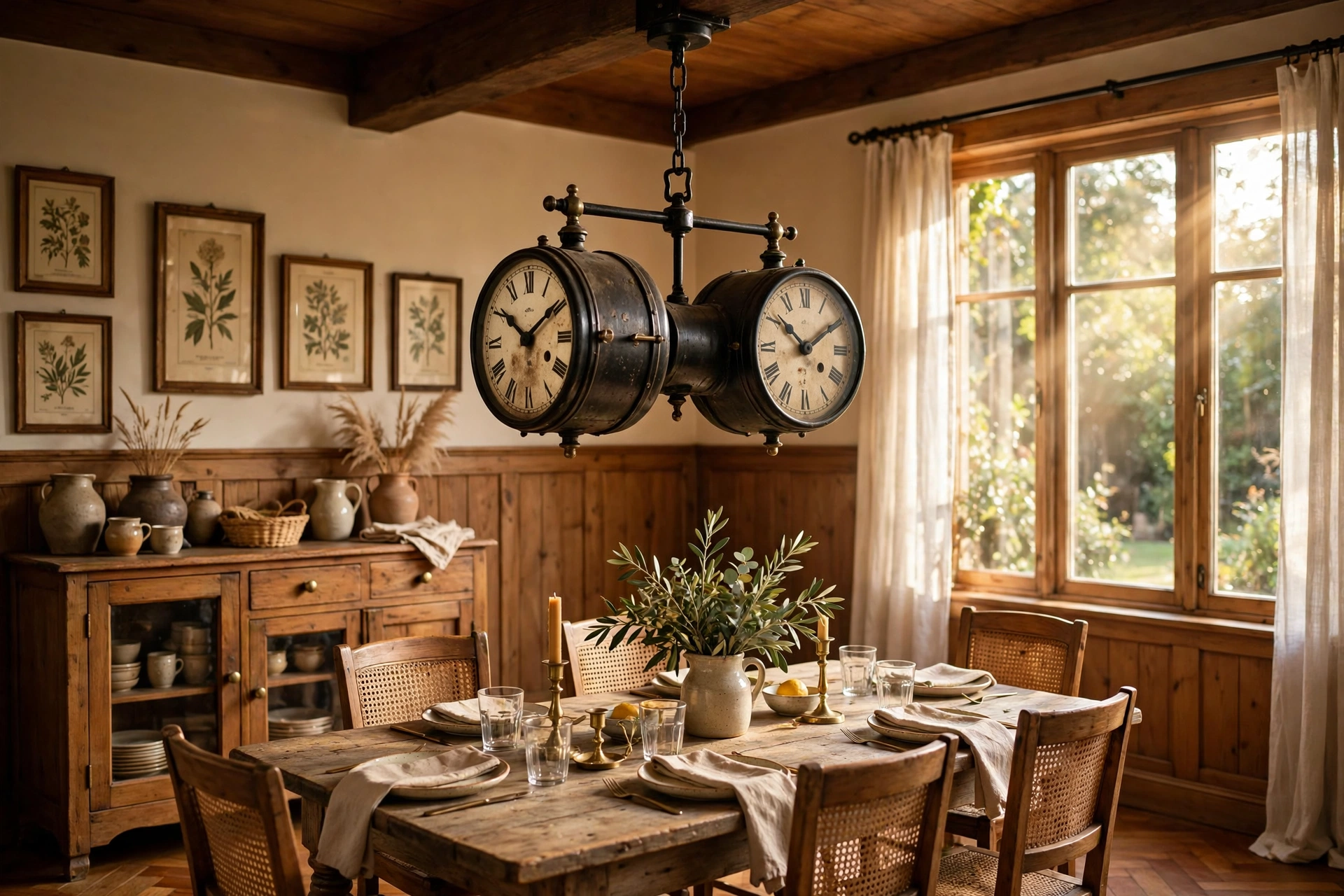 Double-sided vintage railway station clock hanging in a traditional dining room