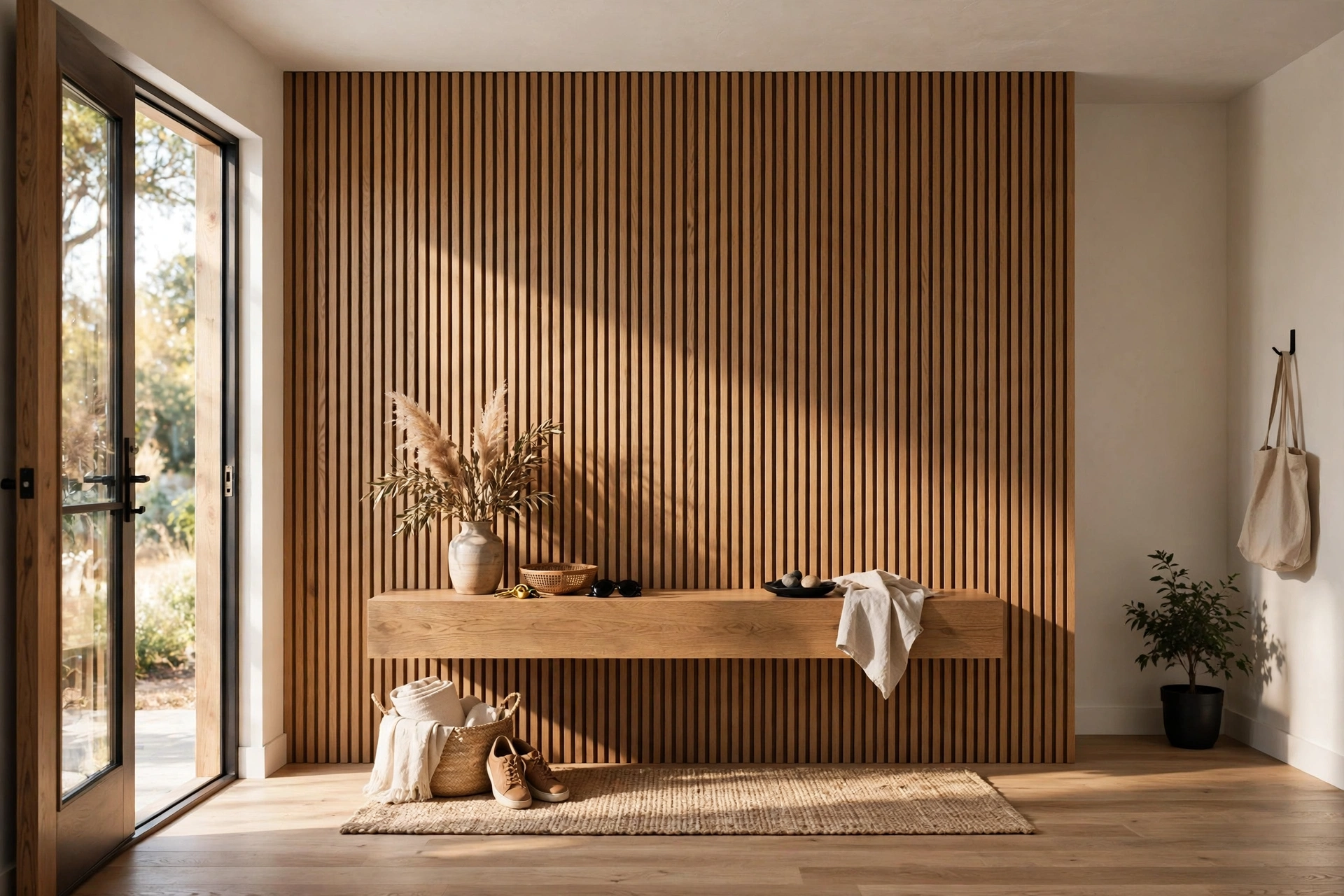 Entryway accent wall with vertical oak wood slats and a floating console