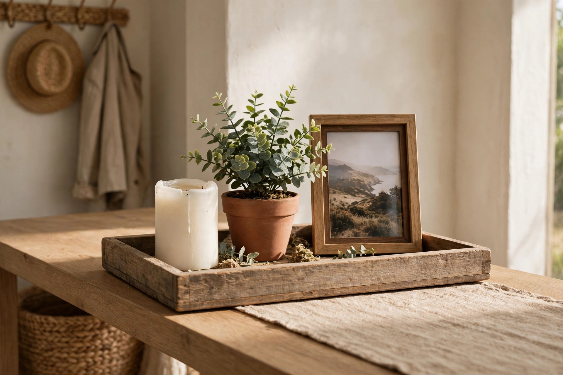 Entryway tray vignette with a pillar candle, small potted plant, and framed photo