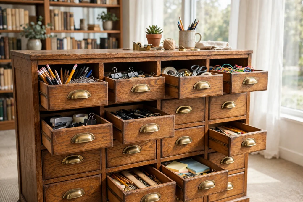 Vintage oak library card catalog with brass pulls holding office supplies