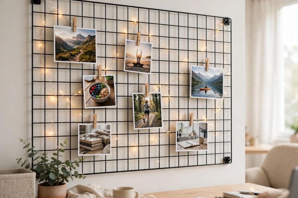 Black wire grid panel with clipped goal images and fairy lights on a home office wall