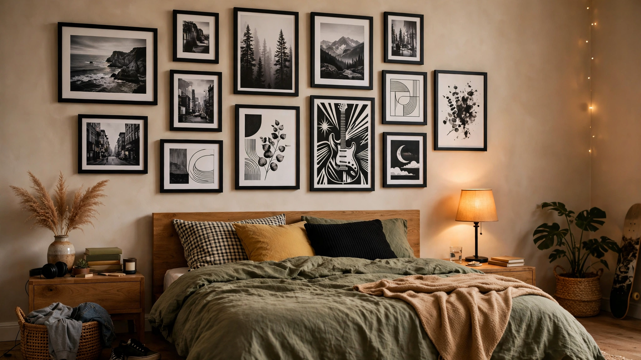 Gallery wall of framed art prints and posters in black frames above a teen bed