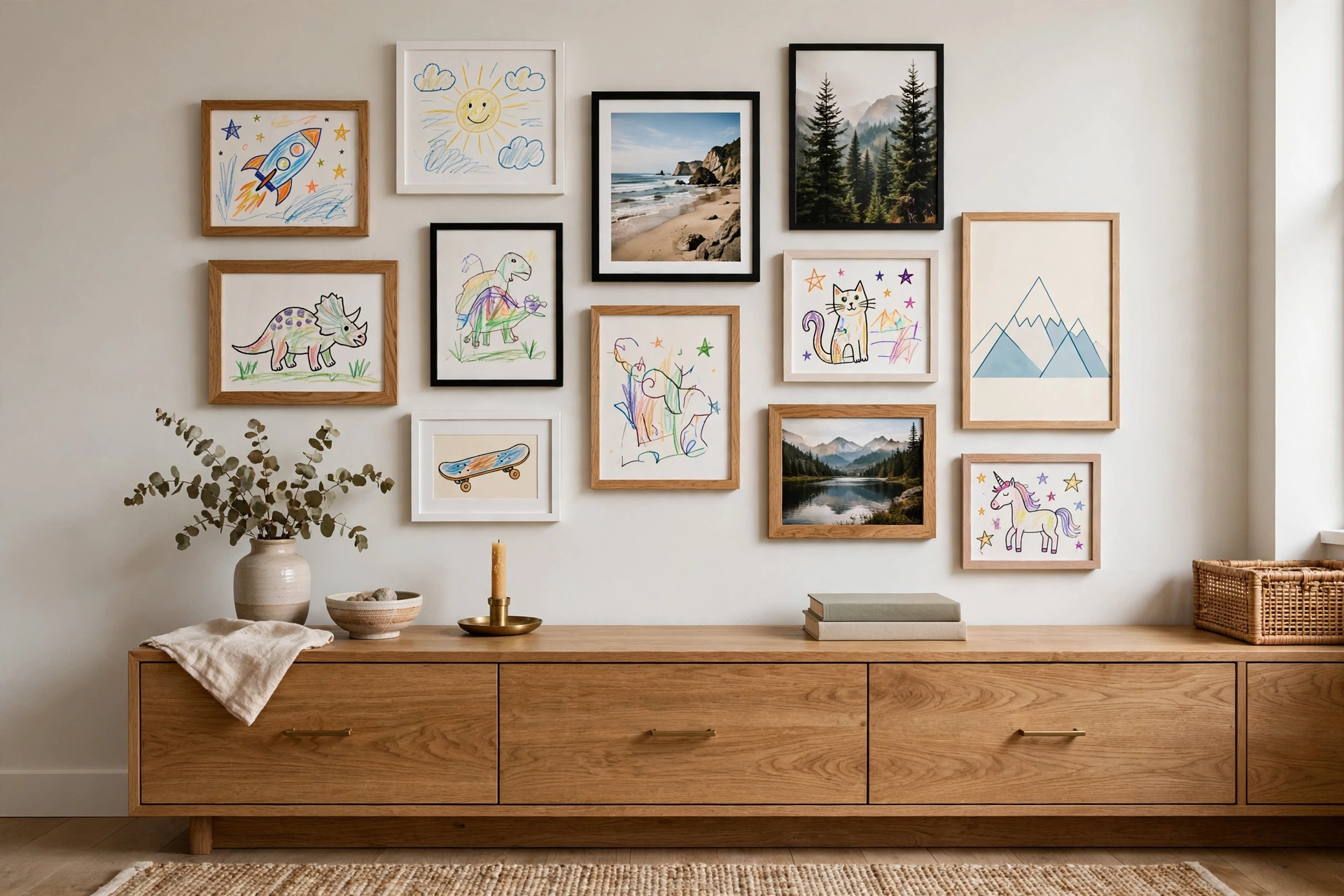 Gallery wall of framed tween artwork, photos, and posters arranged above a dresser
