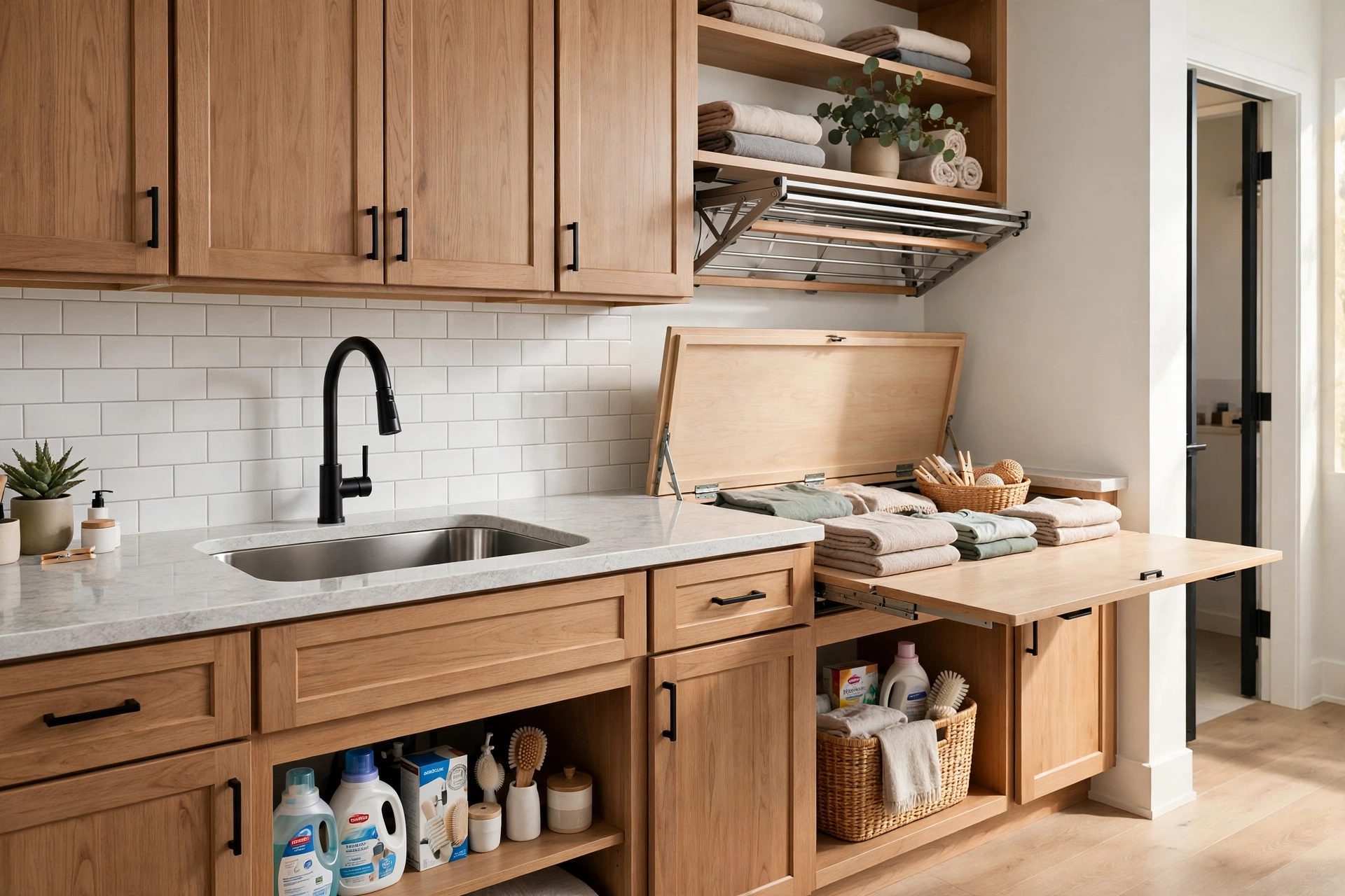 Undermount stainless laundry sink set into a quartz counter run with folding space