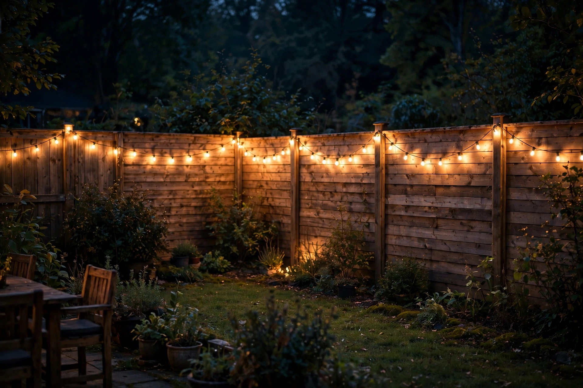 String lights outlining a wooden fence around a backyard at night