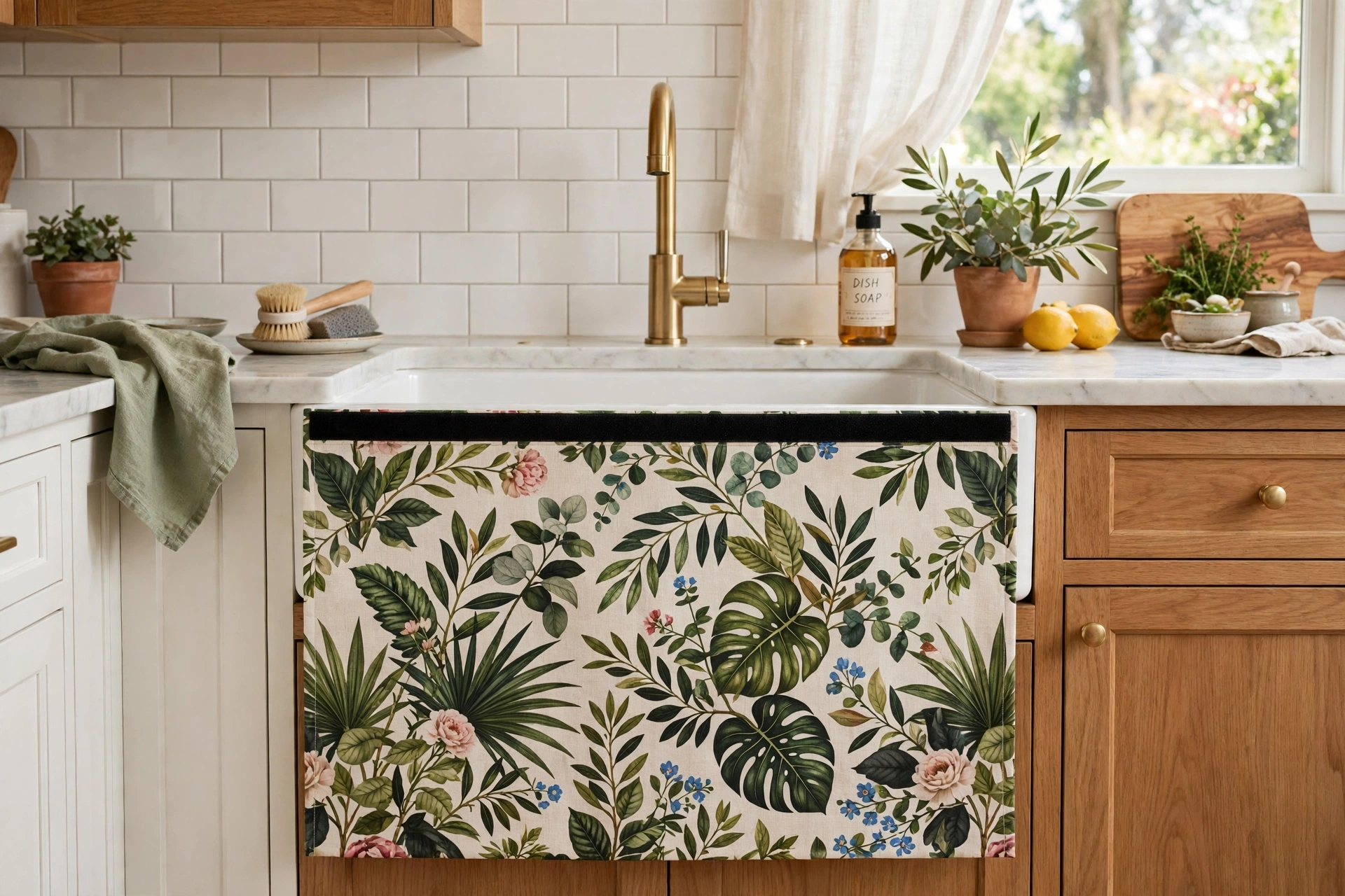 Flat tailored sink skirt panel with velcro mount in a bold botanical print kitchen