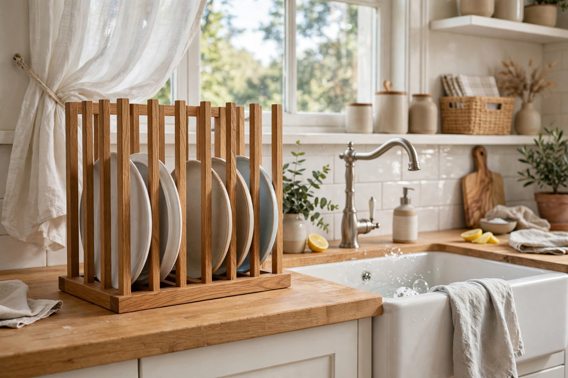 Freestanding wooden countertop plate rack with vertical slats beside a farmhouse sink