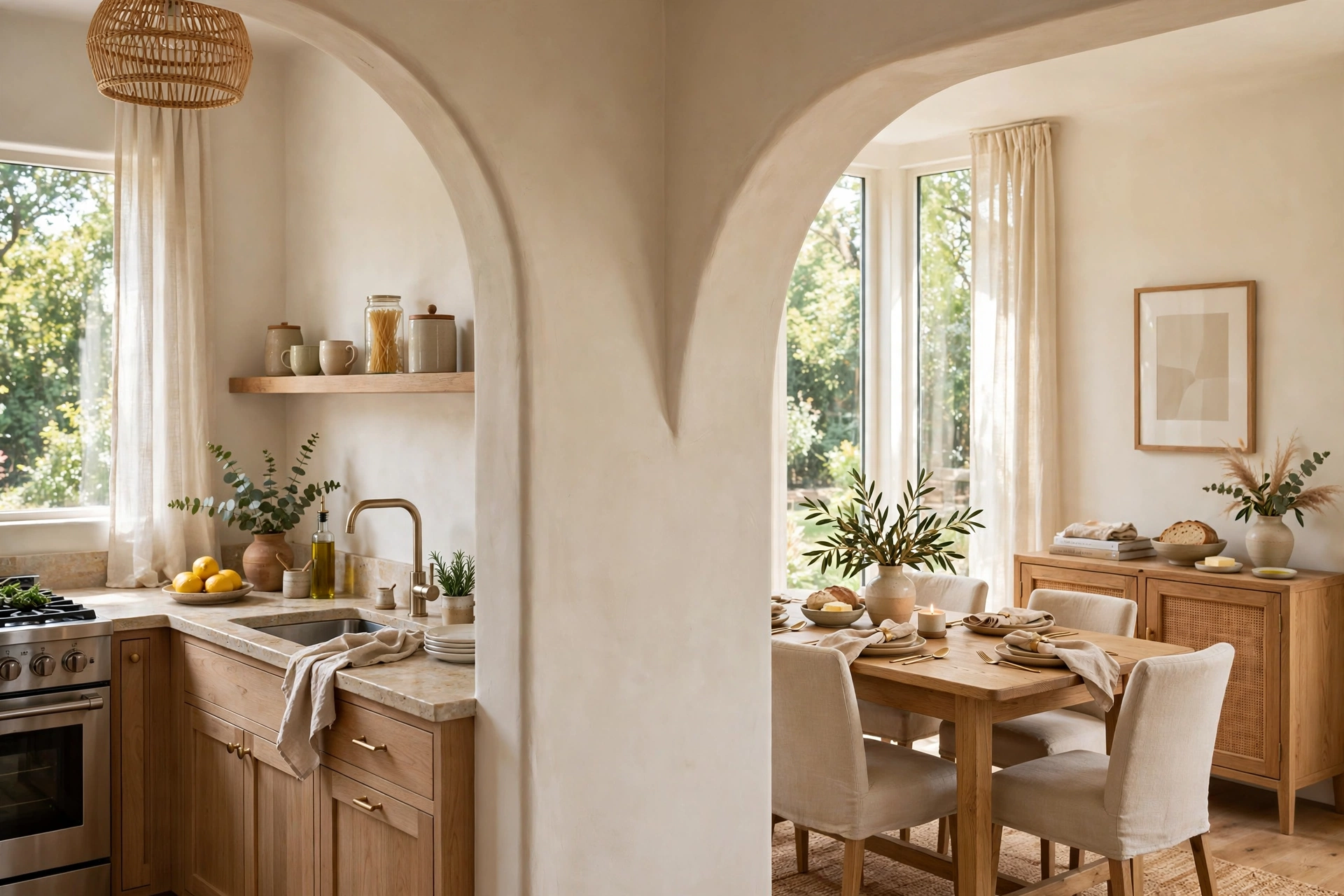 Arched pass-through cutout with soft curves adding character between kitchen and dining area