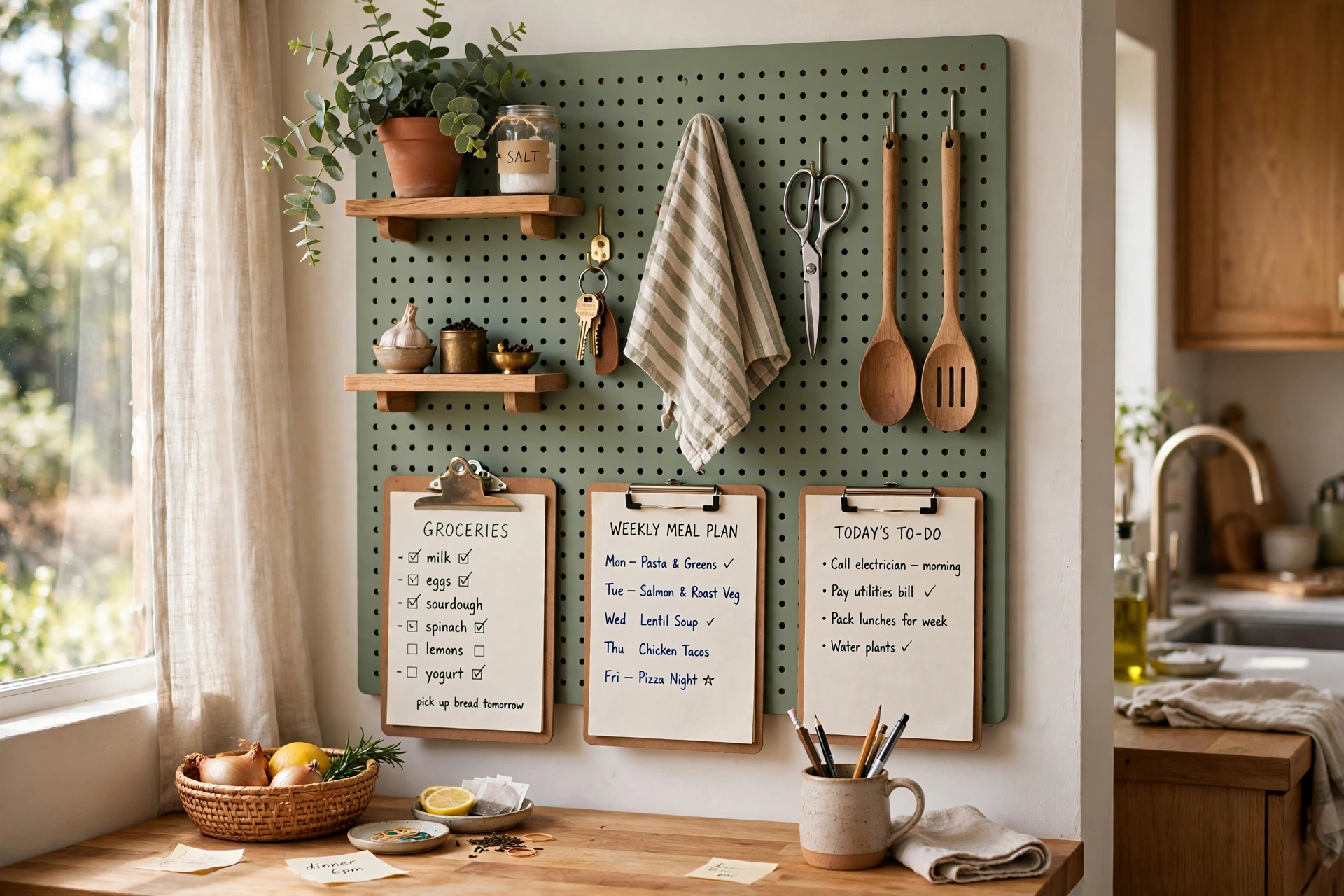 Sage green pegboard command center with hooks, shelves and clipboards in a kitchen