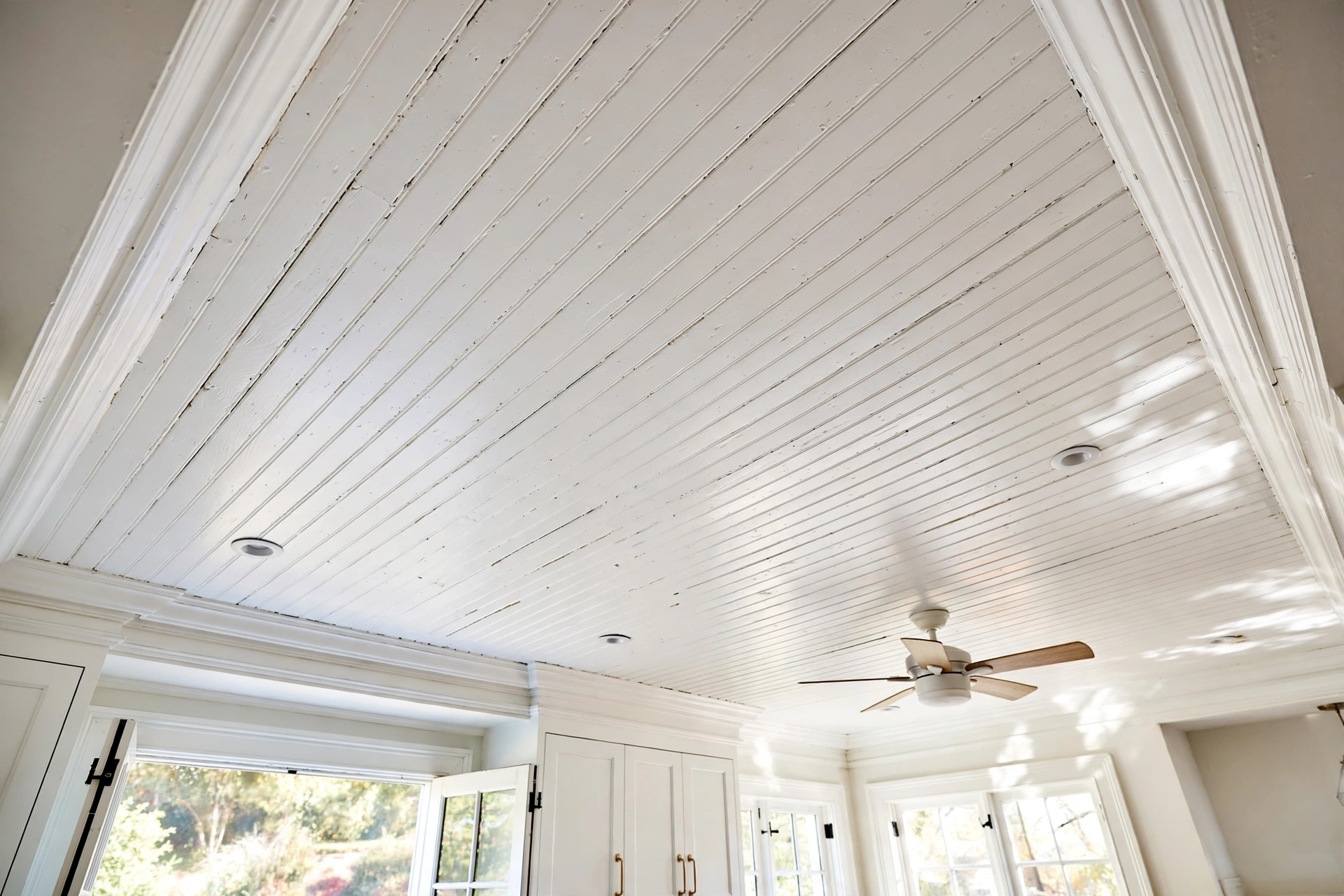 Kitchen ceiling covered in white beadboard planks with crown molding around the perimeter