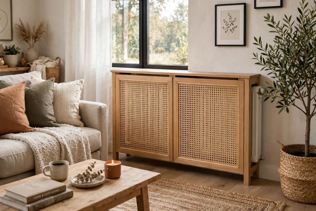 Natural rattan cane front radiator cover adding texture to a cozy living room