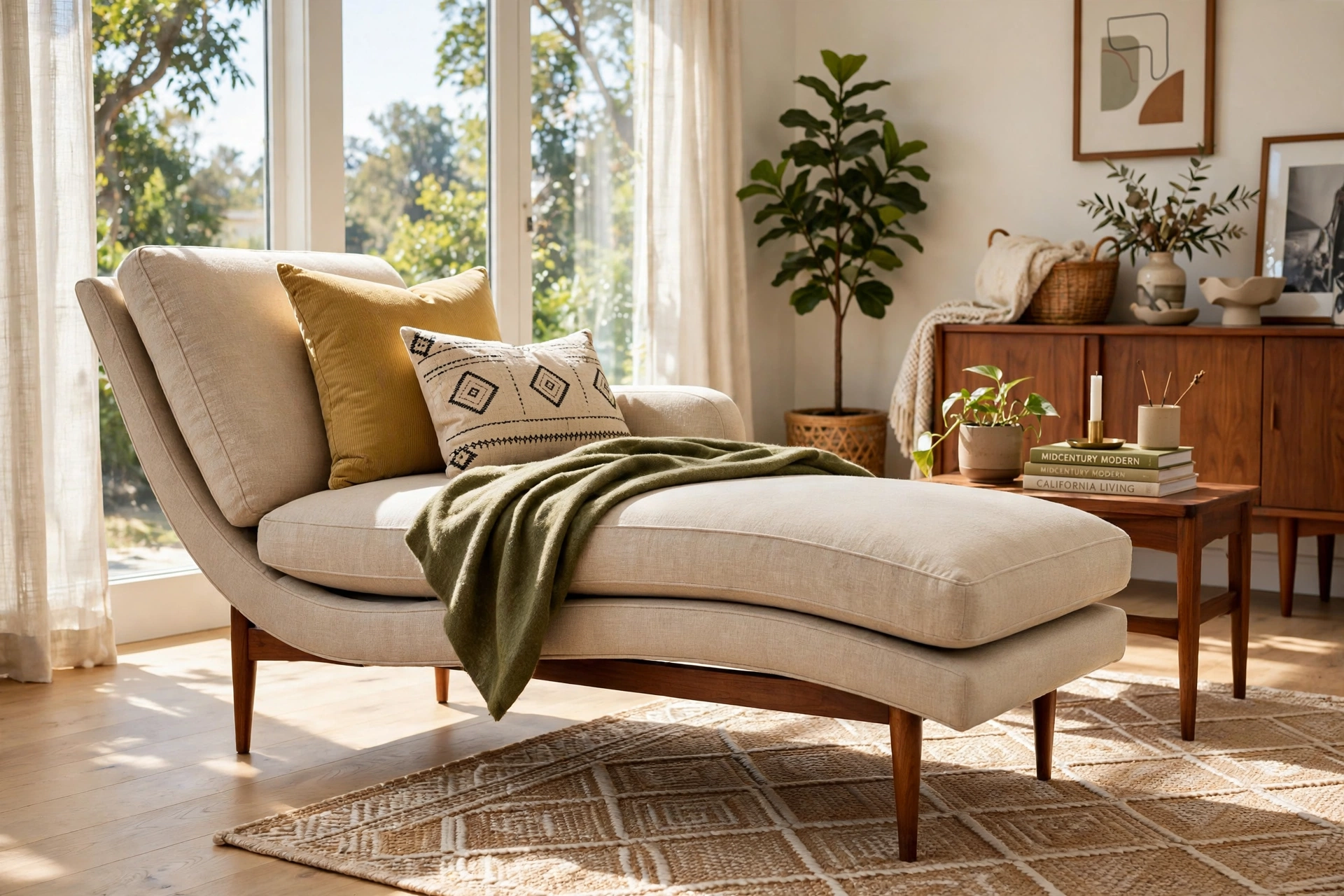 Mid-century modern chaise with tapered walnut legs in a bright living room