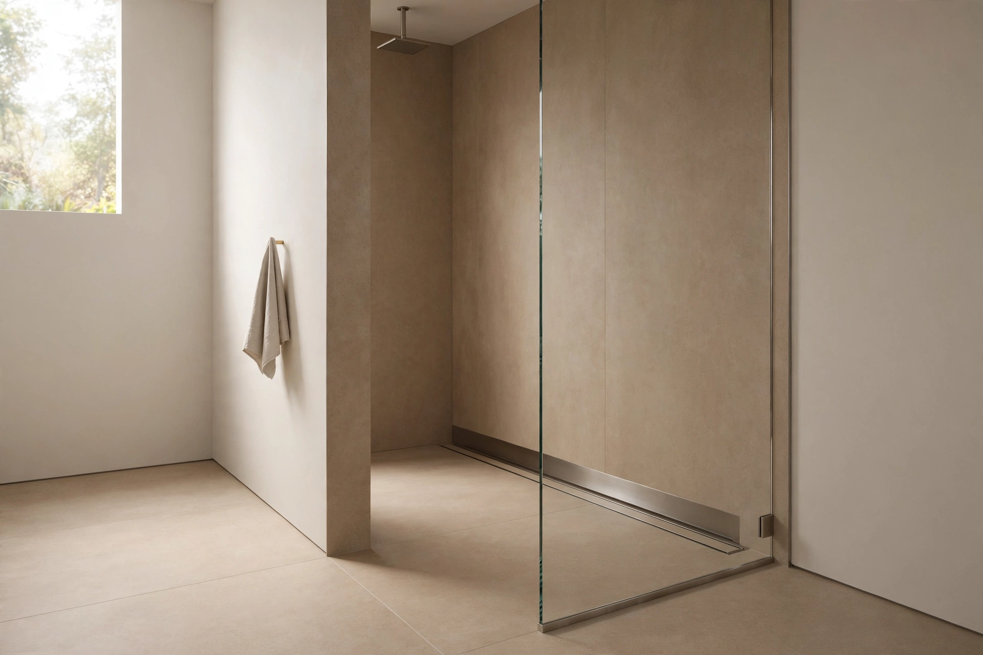 Curbless walk-in shower with continuous neutral tiles and glass panel
