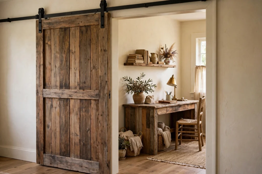 Sliding barn door with black iron hardware on a farmhouse home office