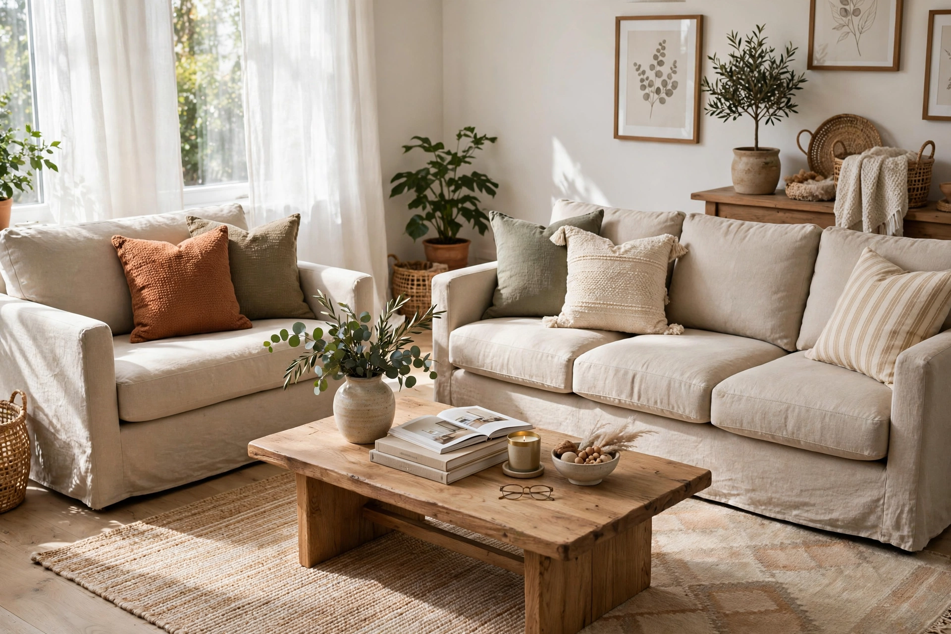 Linen loveseat paired with a full-size sofa around a coffee table