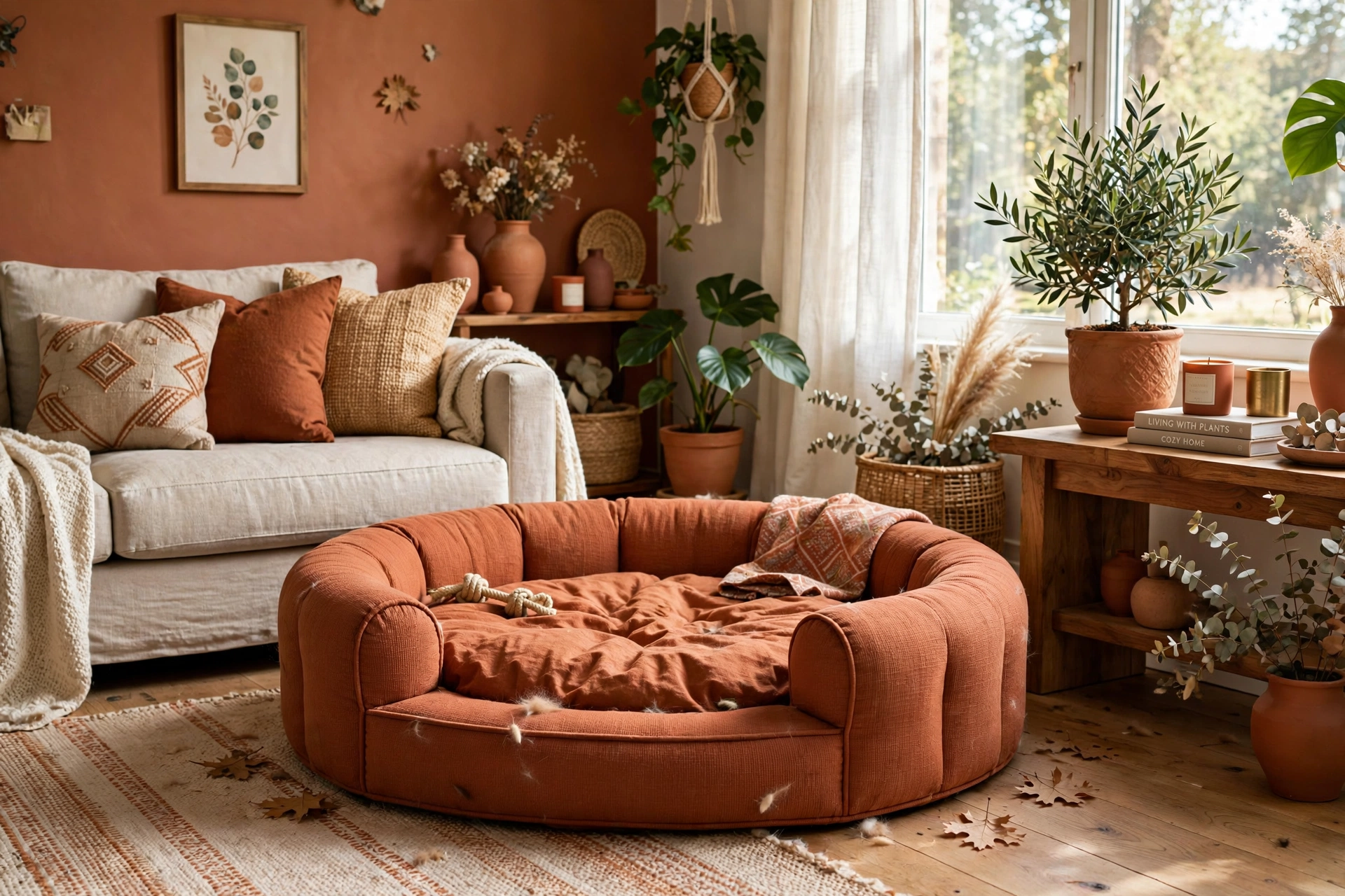 Bolster-style dog bed in terracotta matching the living room accents