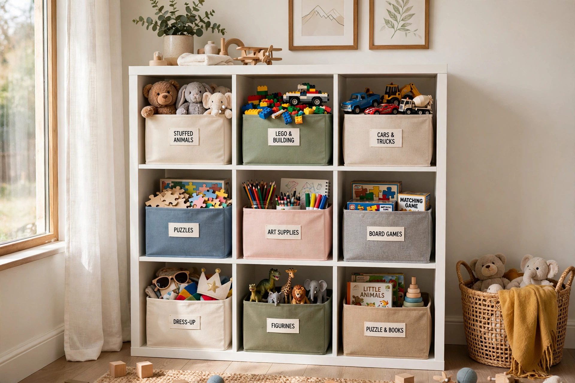 Cube shelving unit with labeled fabric bins organizing toys