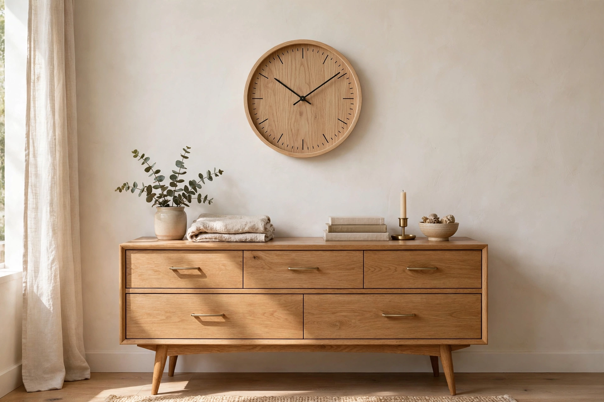 Minimal light oak wood clock centered on the wall above a mid-century dresser