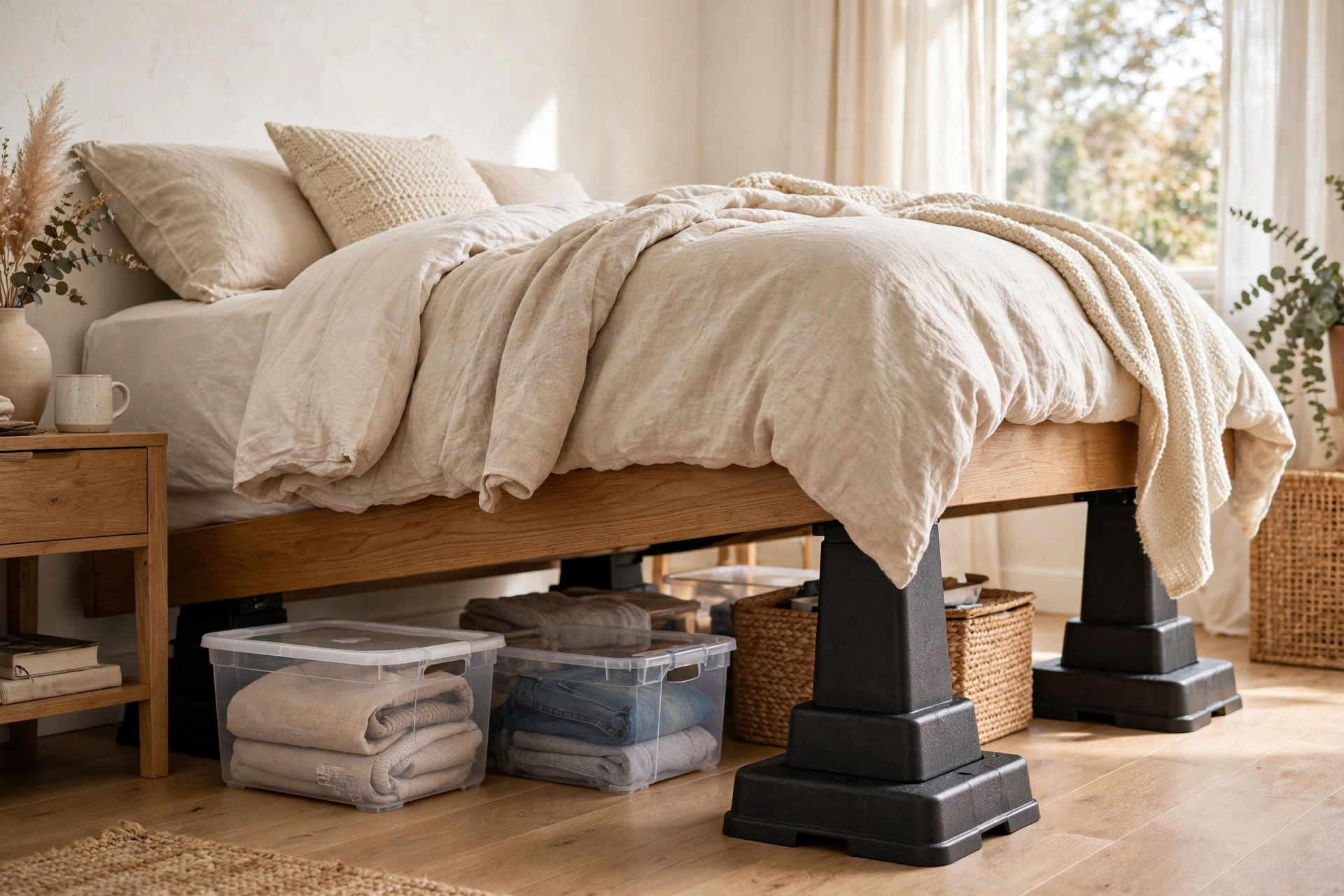 Bed risers lifting a bed frame to create space for storage bins underneath