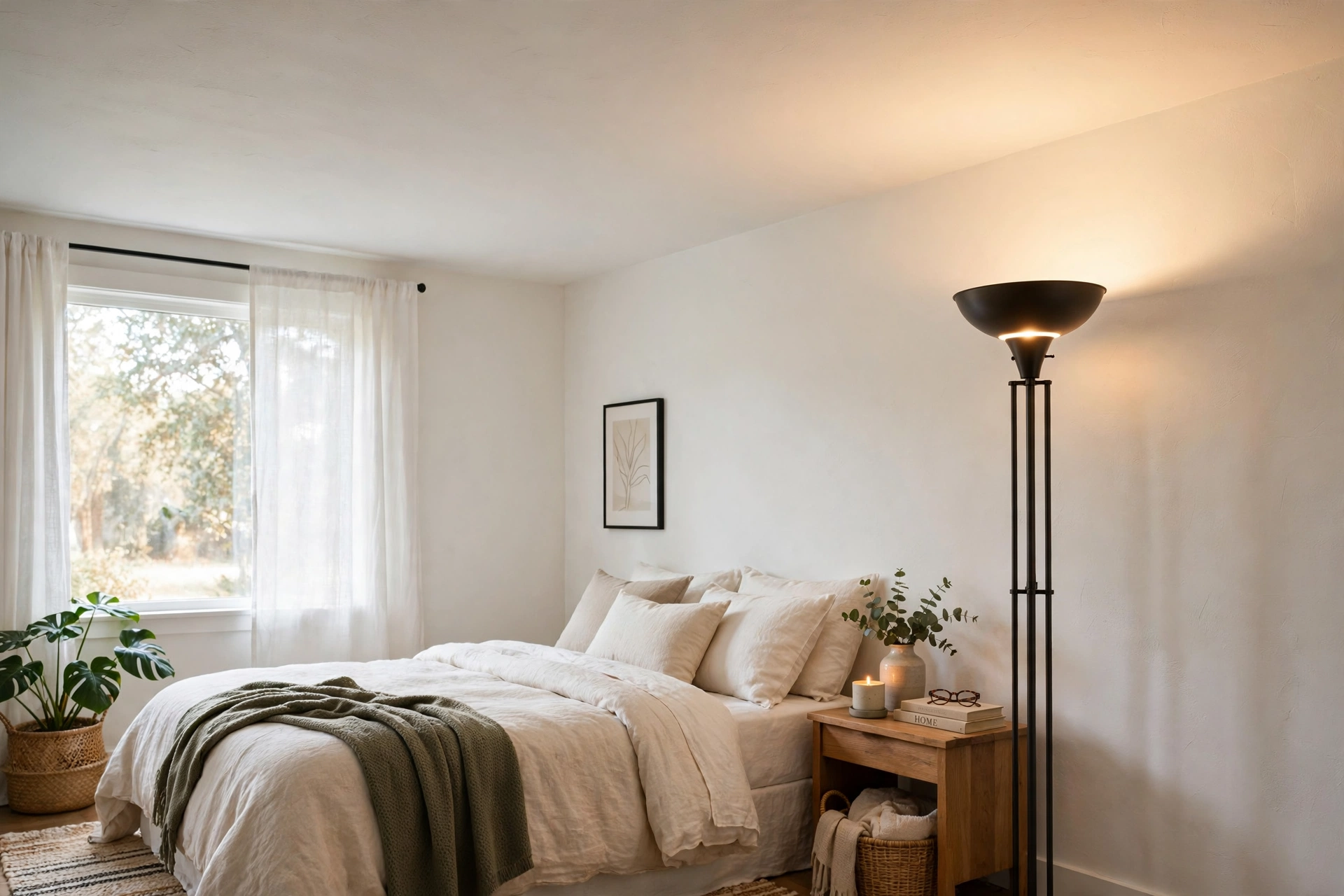 Torchiere floor lamp bouncing soft light off a white bedroom ceiling