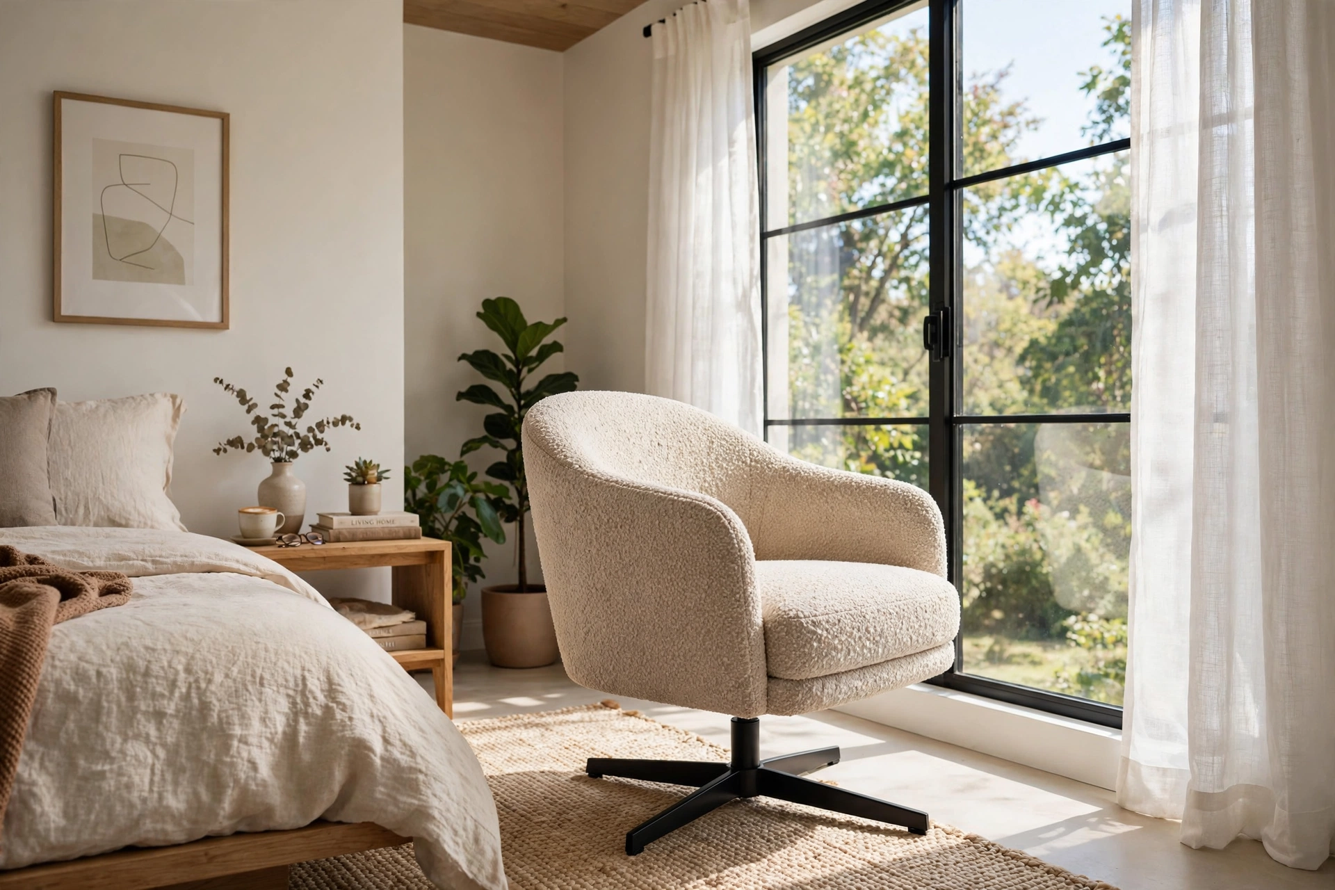 Modern swivel accent chair turned toward a bright bedroom window