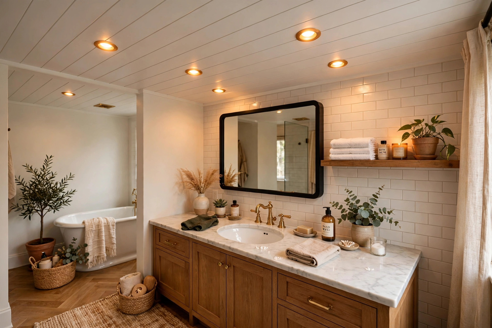Shiplap ceiling in a cozy bathroom with warm recessed lighting