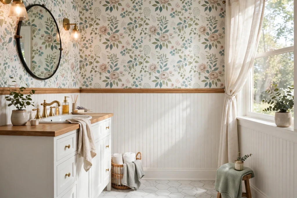 Beadboard wainscot with chair rail and floral wallpaper on the upper wall