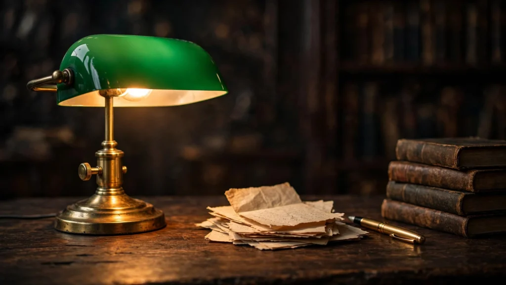 Emerald green banker's lamp casting warm light over letters and a fountain pen on a dark desk
