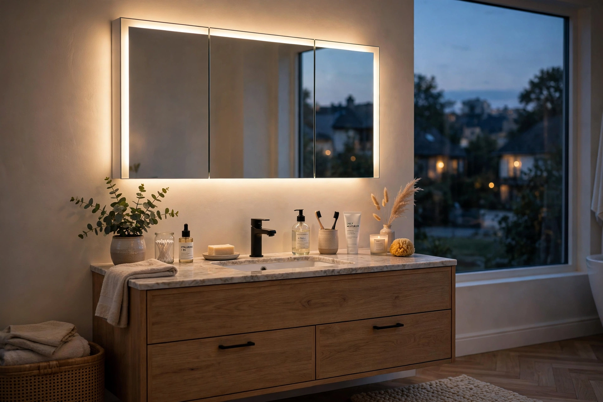 LED-lit medicine cabinet glowing softly above a modern vanity at dusk