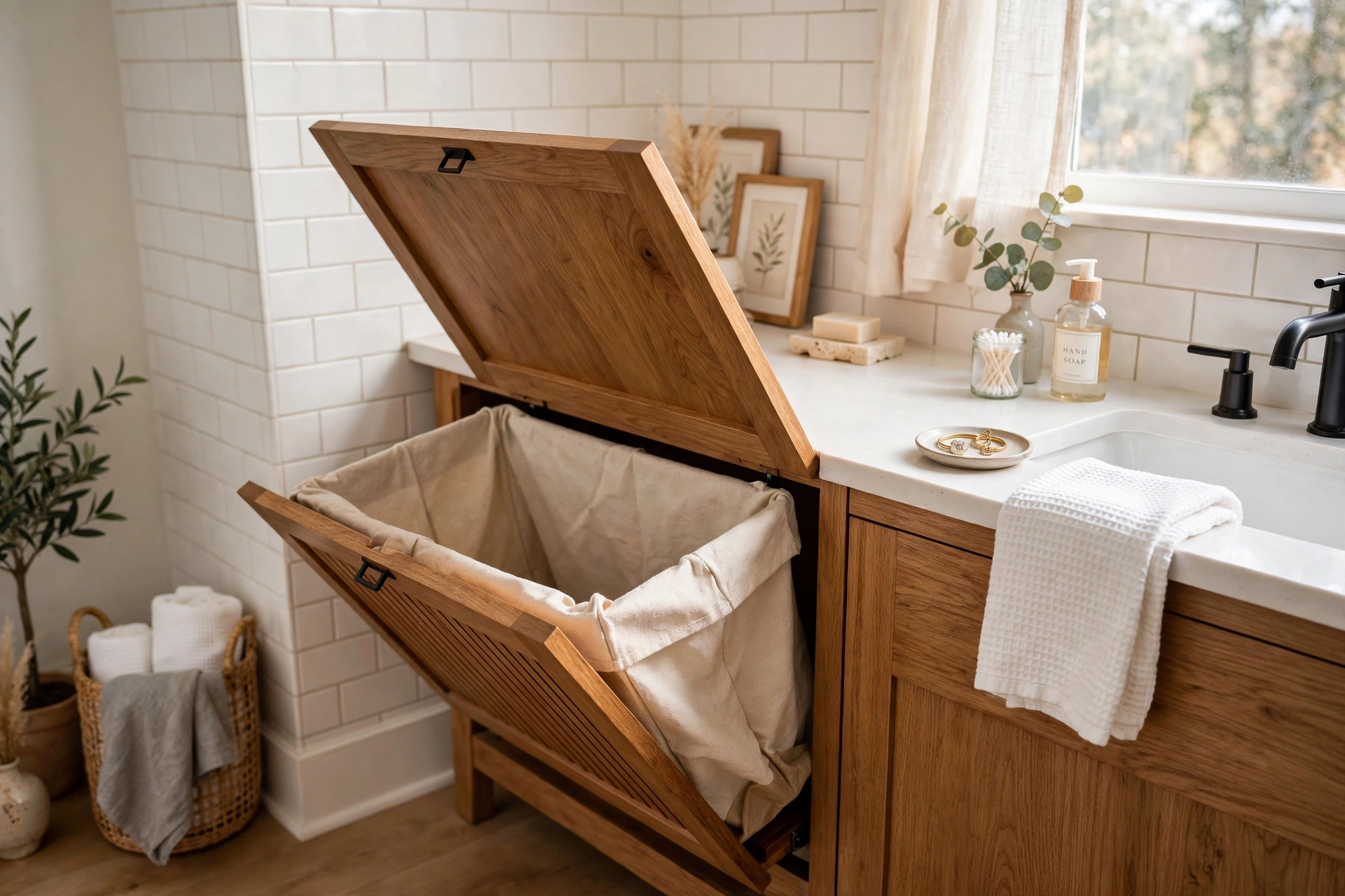 Wooden tilt-out hamper cabinet with canvas bag tilted open in a primary bath