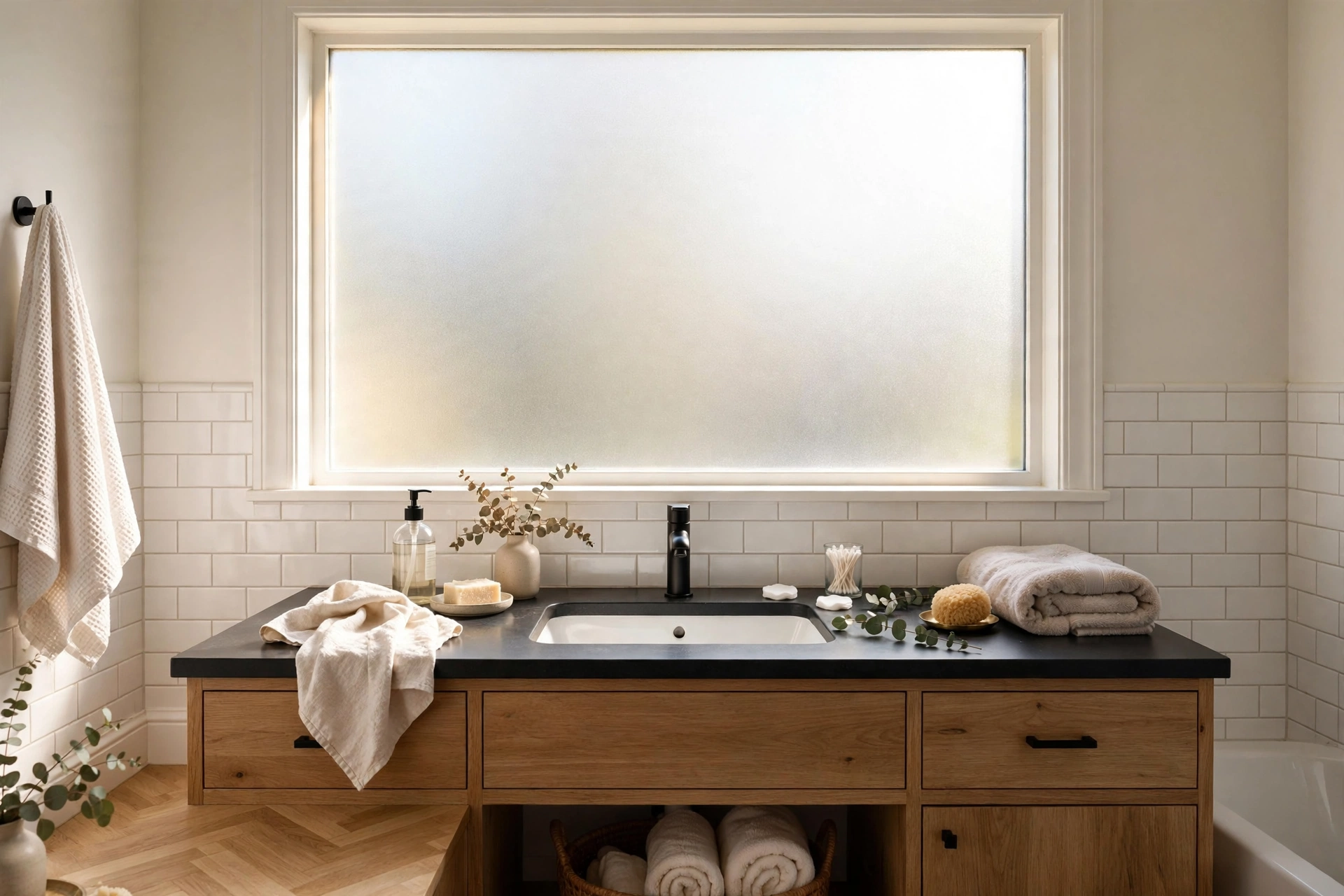 Bathroom window covered with frosted privacy film glowing with daylight