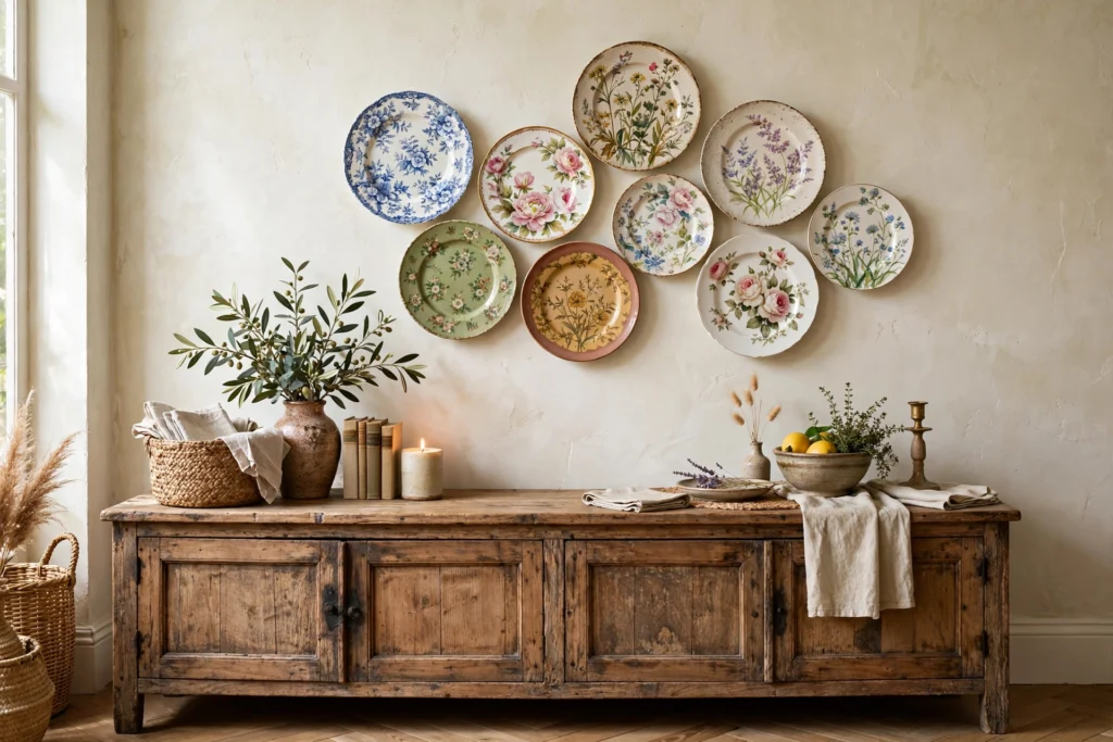 Organic cluster of mismatched floral plates arranged above a rustic sideboard