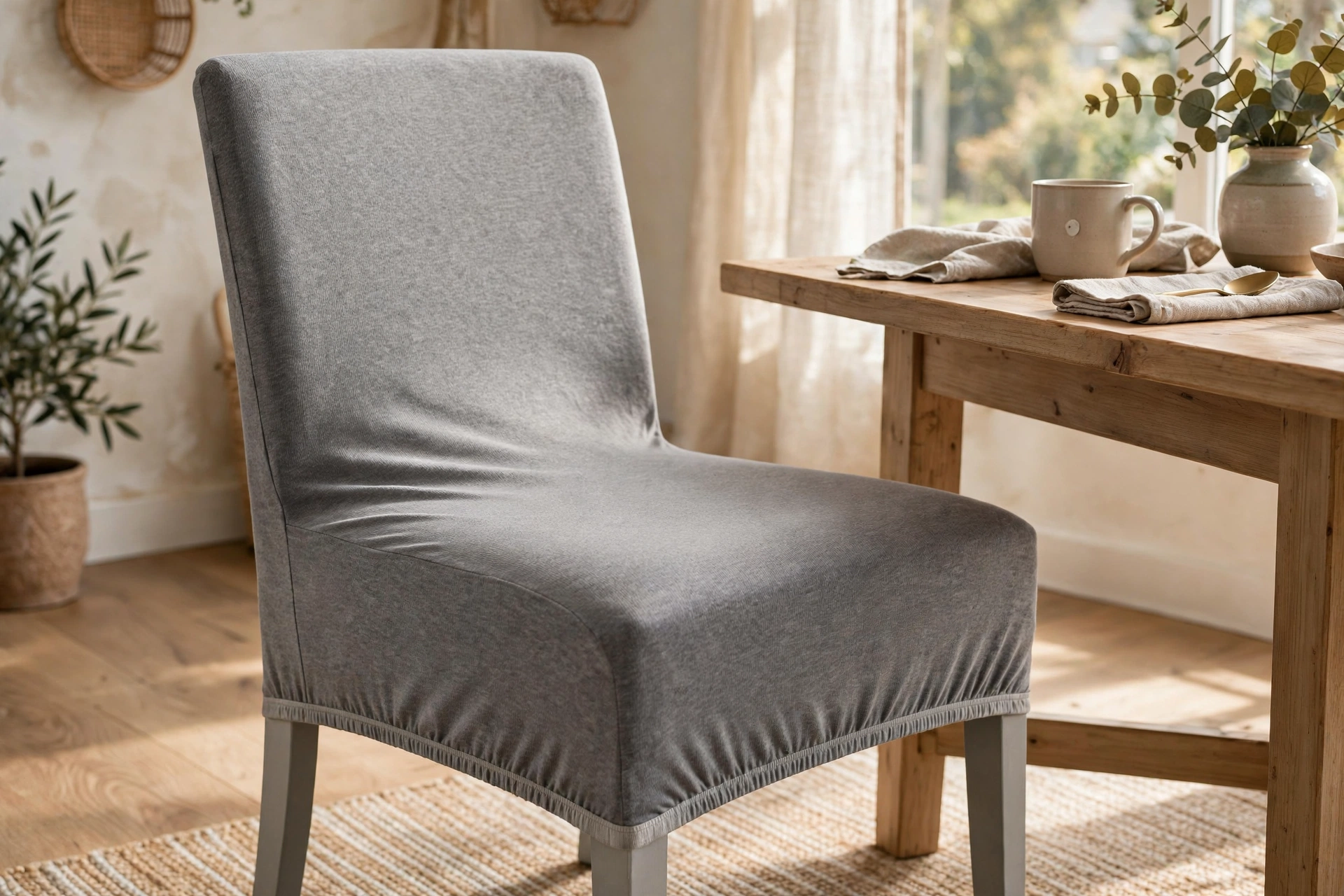 Snug gray stretch slipcover fitted over a simple armless dining chair