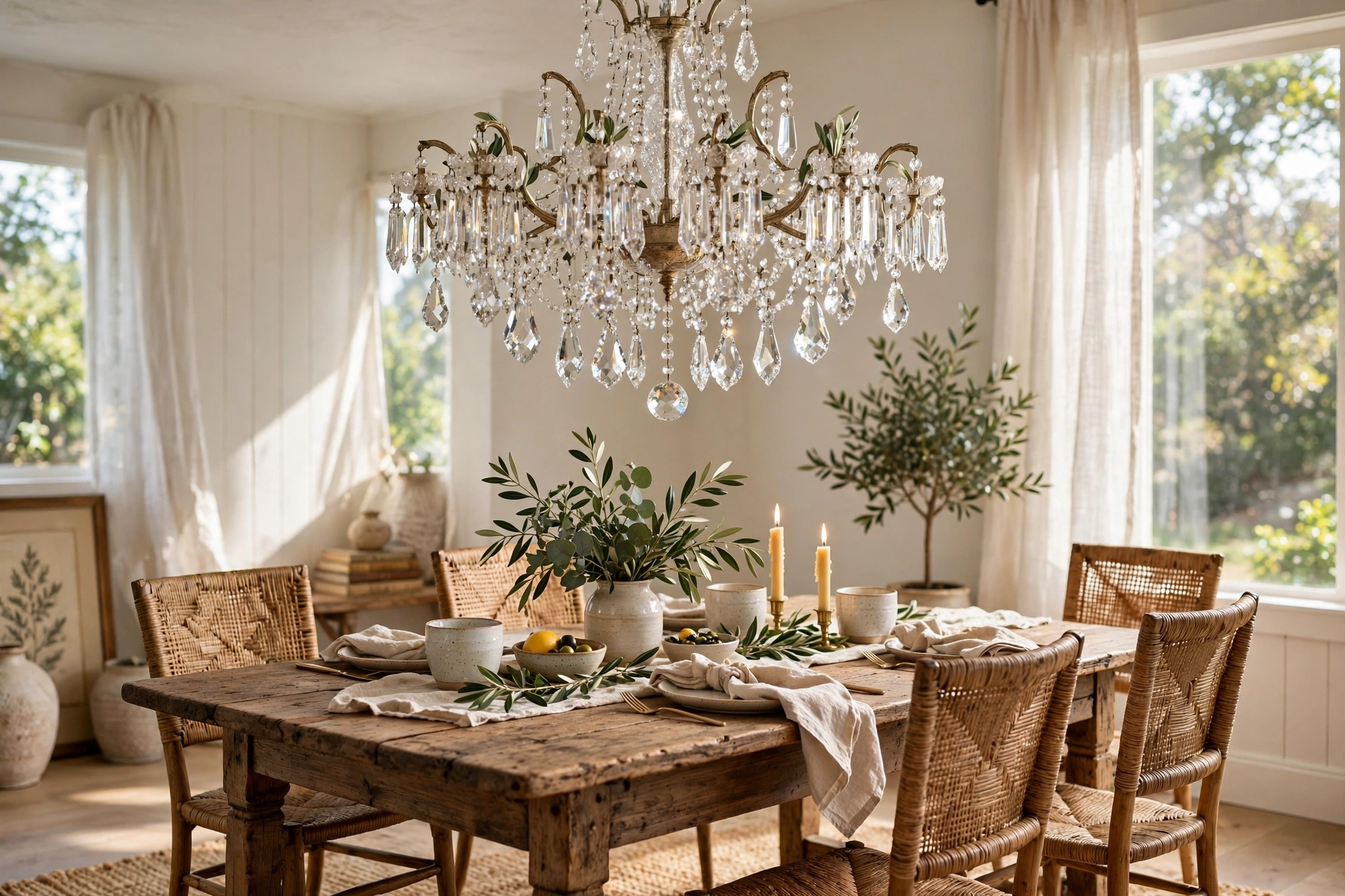 Sparkling crystal chandelier hanging above a vintage wood dining table