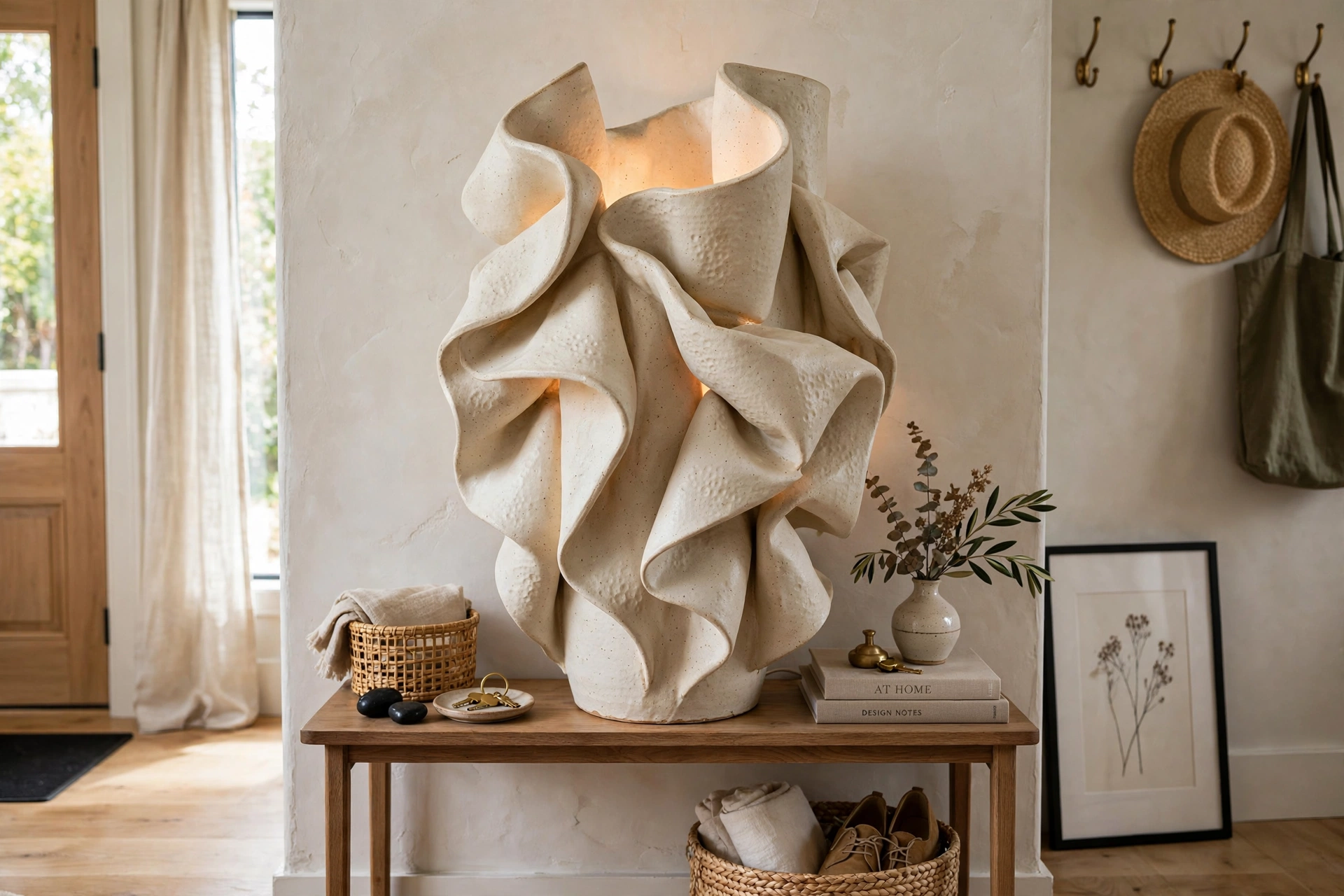 Oversized sculptural ceramic lamp as a focal point on a narrow entry console