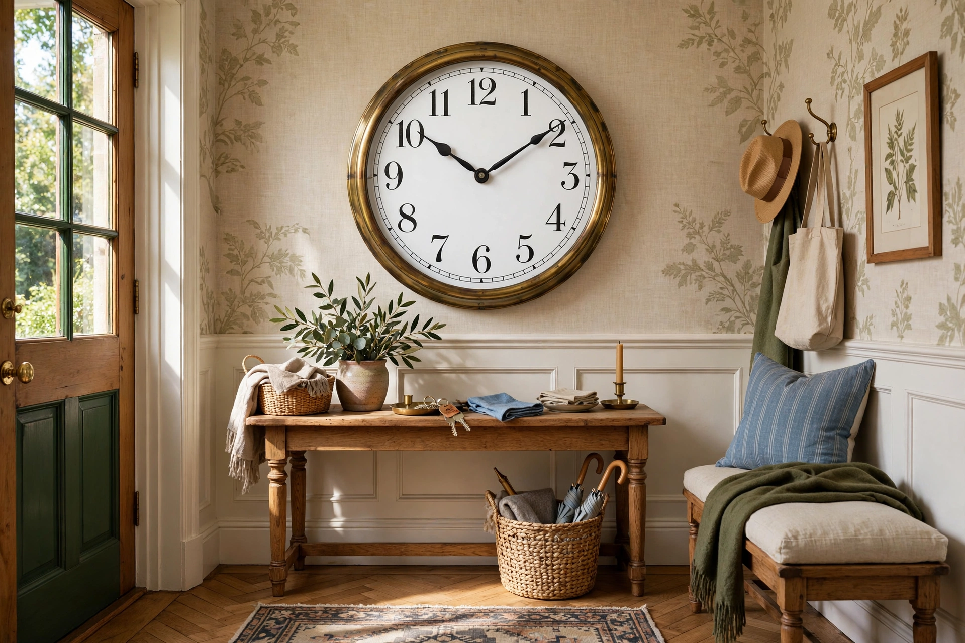 Classic round wall clock with brass frame and serif numerals in a traditional entry