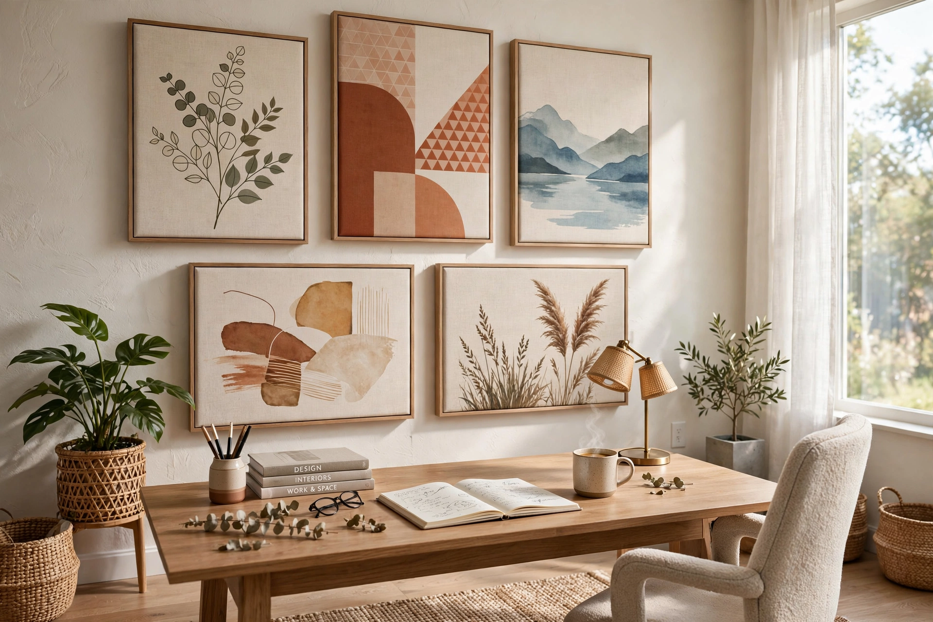 Custom printed fabric acoustic panels styled like gallery art in an office