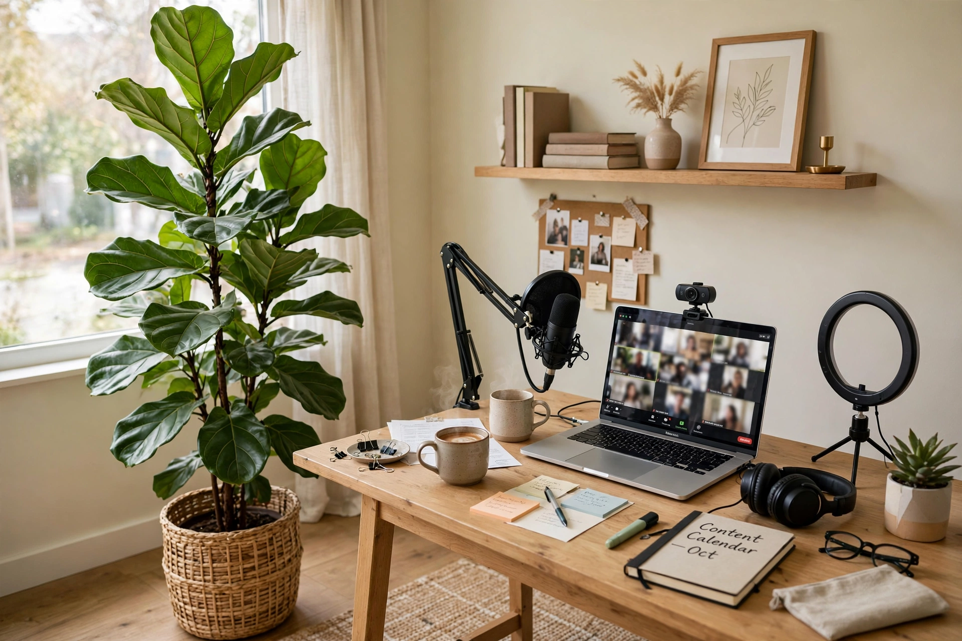 Tall fiddle-leaf fig plant beside a desk in a home office video setup