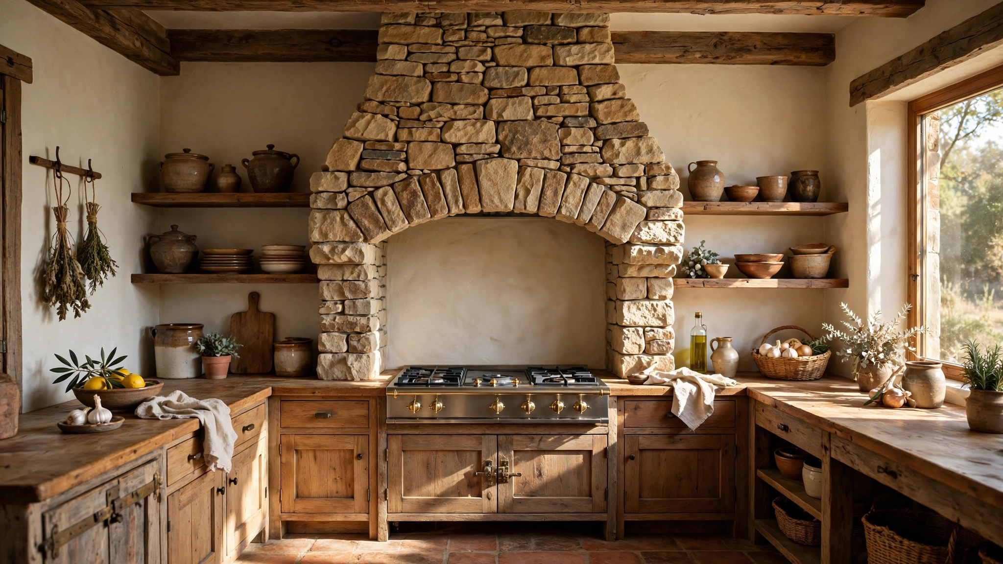 Natural stone range hood as a focal point in a rustic kitchen