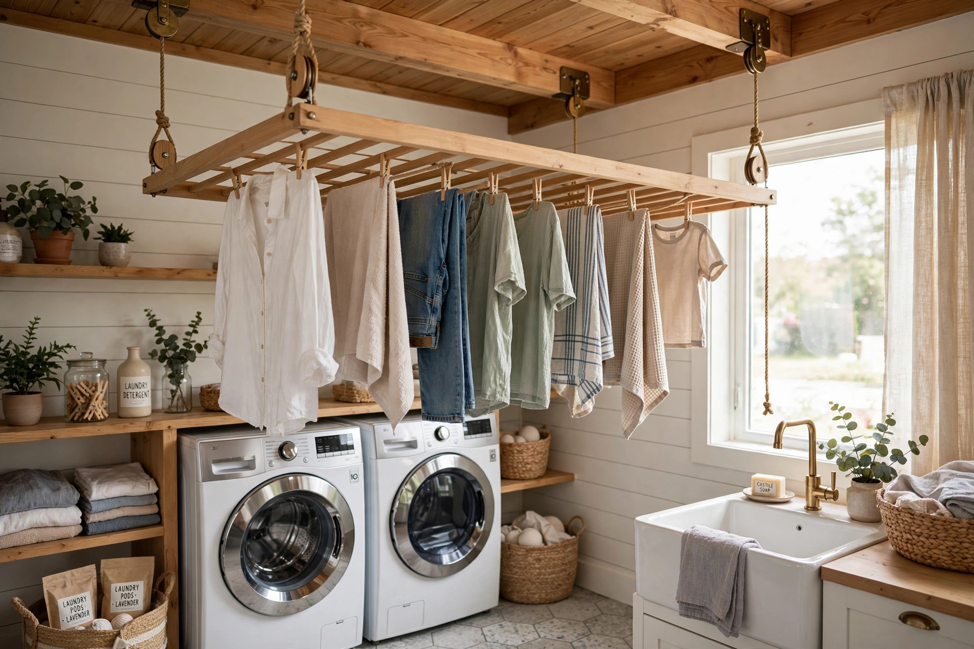 Wooden ceiling pulley drying rack hoisted above a laundry area