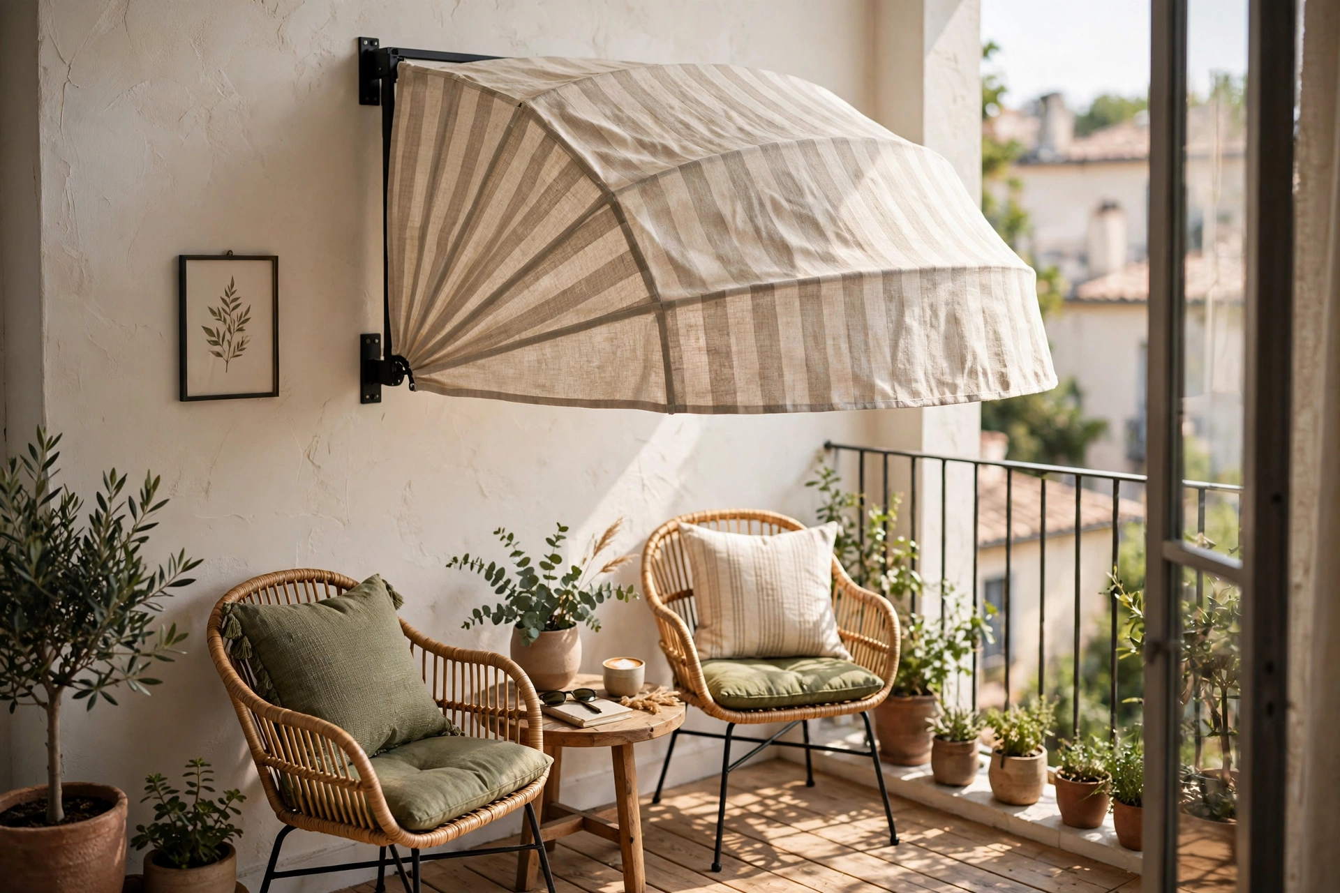 Half umbrella mounted against a wall shading a small balcony