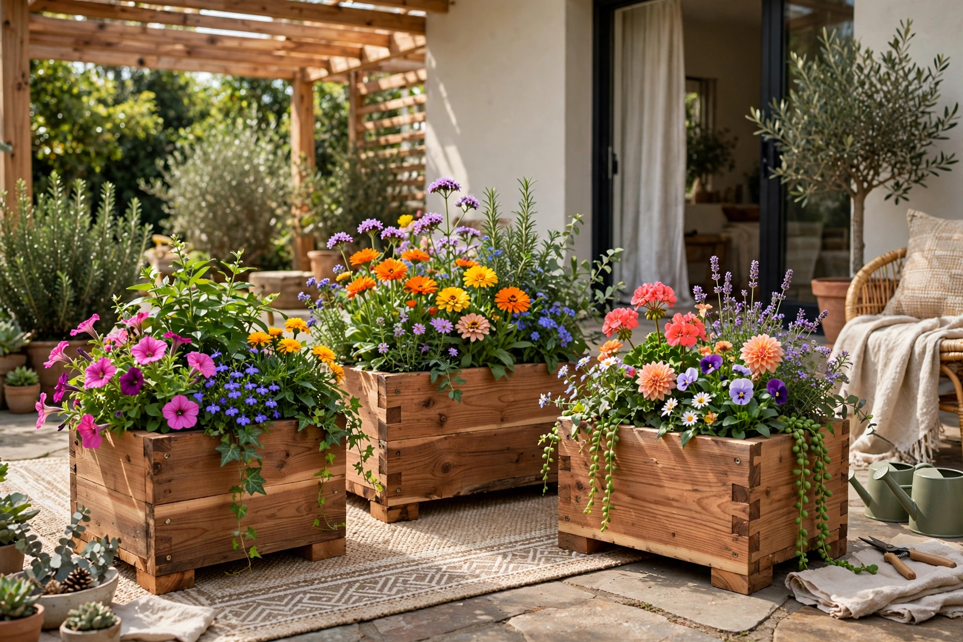 Handmade cedar box planters filled with colorful flowers