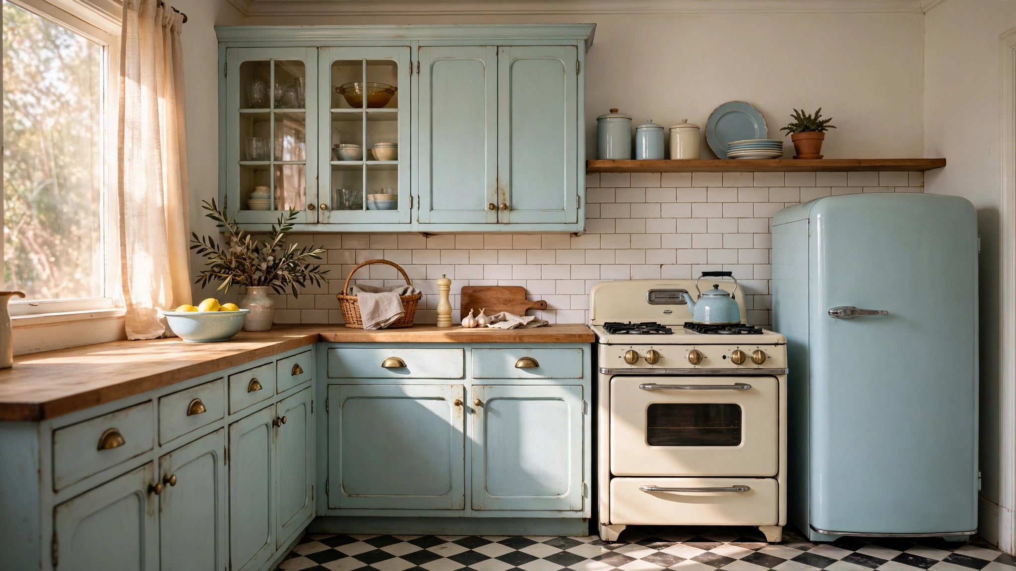 Soft pastel blue vintage style cabinets in a retro kitchen