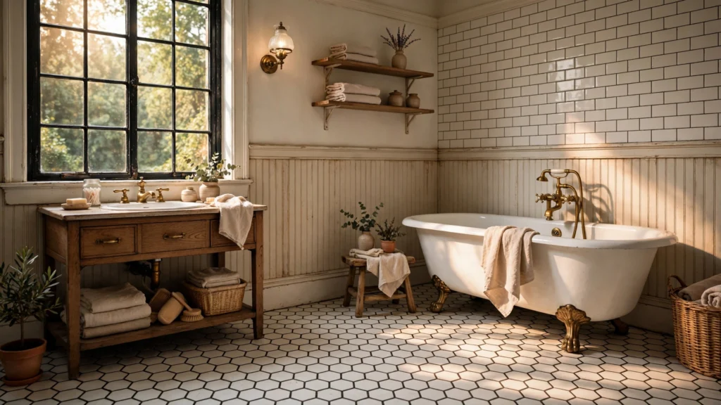 White hexagon tile floor with dark grout in a vintage bathroom
