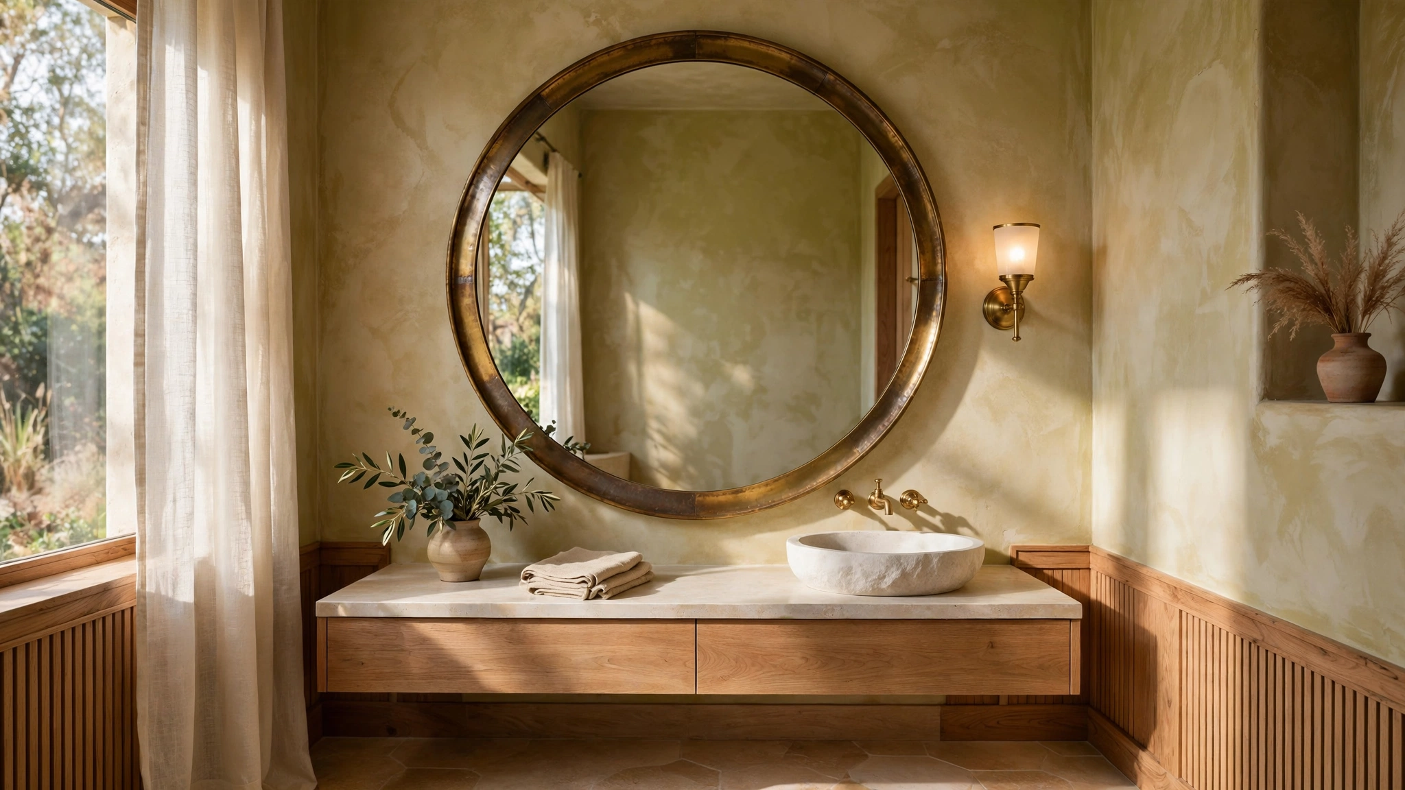Oversized round brass mirror as a focal point in a powder room