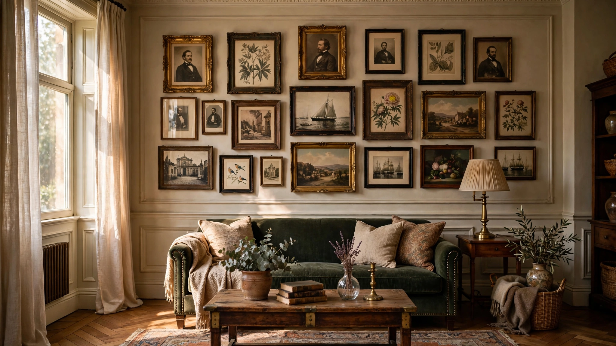 Gallery wall of vintage art and old photographs in a classic living room