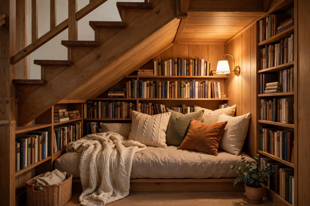 Built-in cozy reading nook under a staircase with cushions and bookshelves